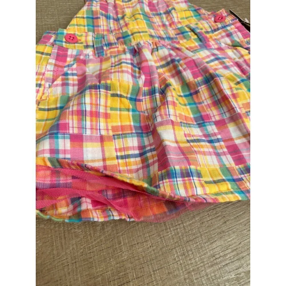 OshKosh BGosh Toddler Girls Plaid Overall Dress Size 24M Pink Yellow Teal Cotton